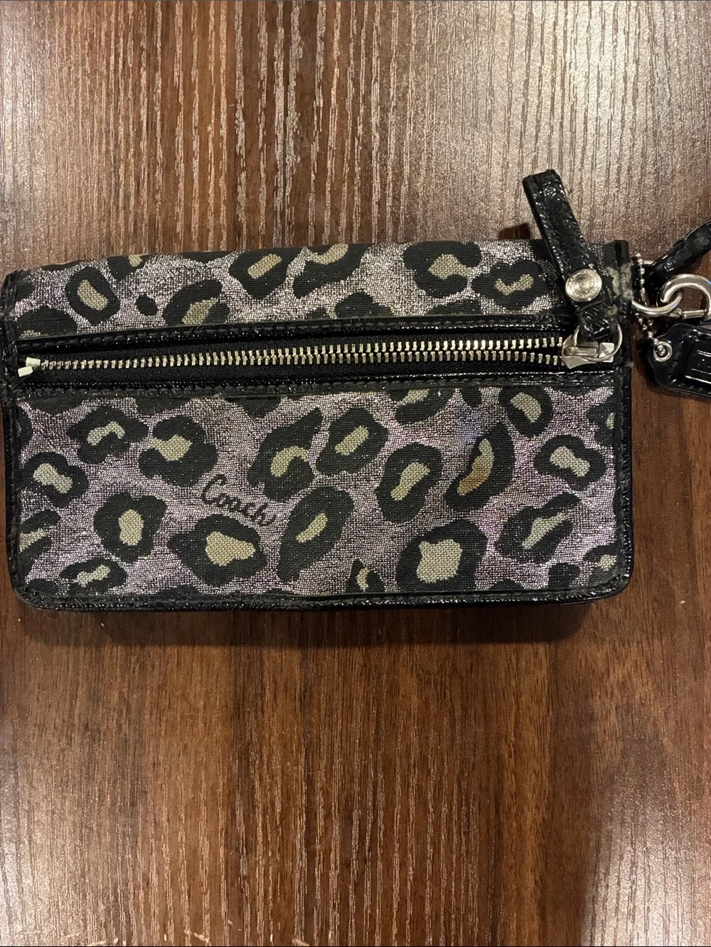 Coach Leopard Print Wristlet Clutch in Silver and Black